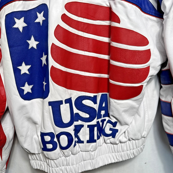 Vintage USA Boxing Leather Bomber Jacket Men's Size L Red White Blue Ringside KS - Picture 11 of 14